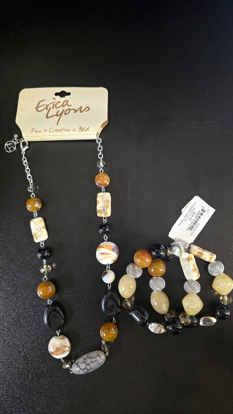 Erica Lyons Beaded Silver Tone Necklace & Stretch Bracelet Set Black Brown Cream